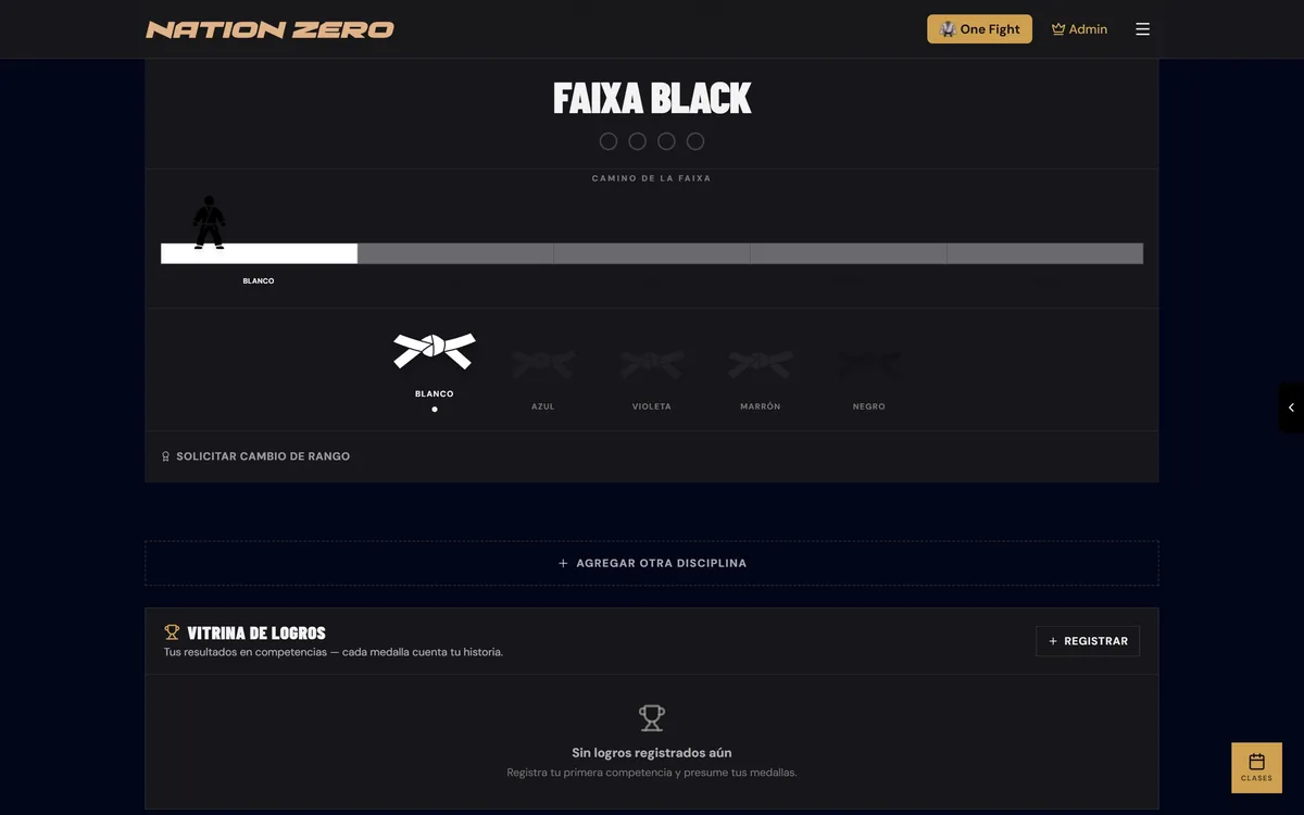 Perfil de un alumno en Nation Zero con su cinturón, sus grados y su historial de entrenamiento.